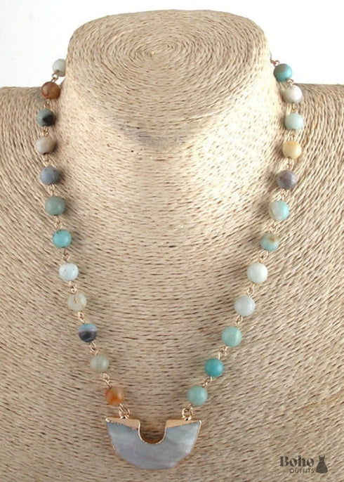 Boho Necklace, RH Rose Quart Amazonite, Half Moon Pink Natural Stone